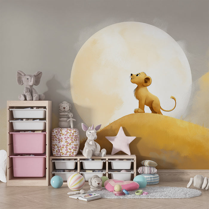 Papier peint chambre enfant | Petit lion sous la lune dorée