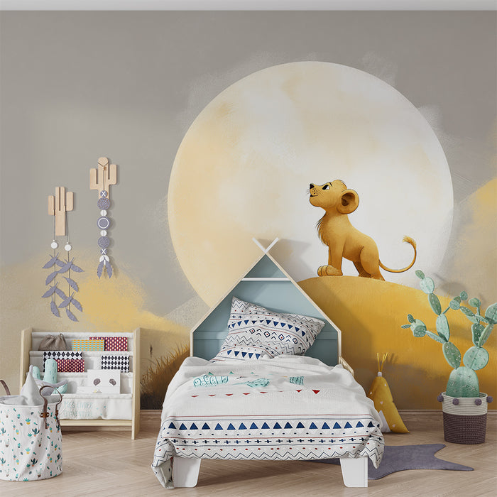 Papier peint chambre enfant | Petit lion sous la lune dorée