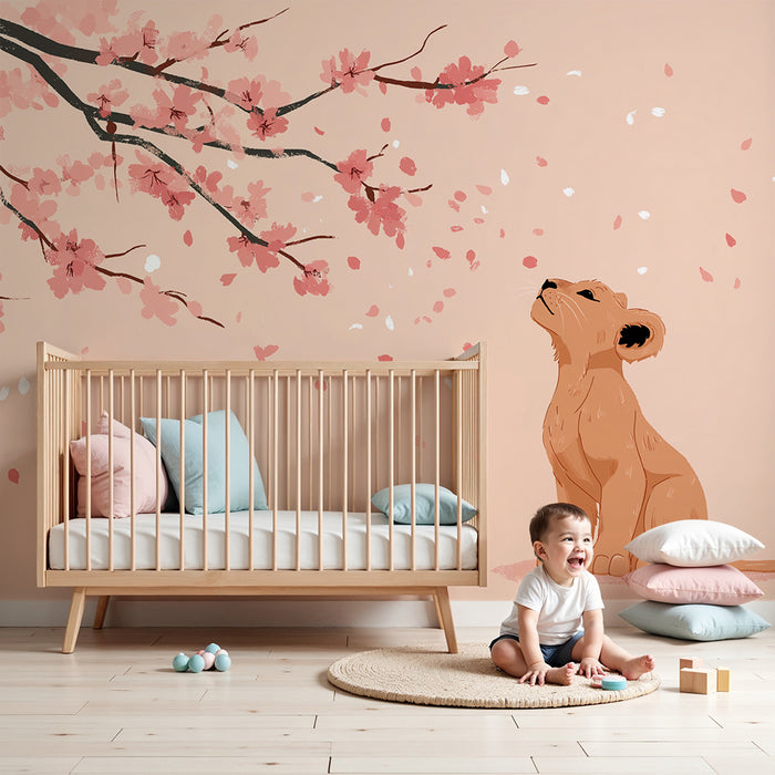 Papier peint chambre enfant | Petit lion sous les cerisiers en fleurs