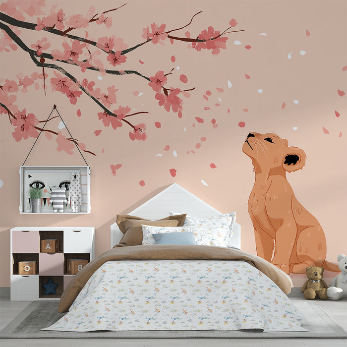 Papier peint chambre enfant | Petit lion sous les cerisiers en fleurs