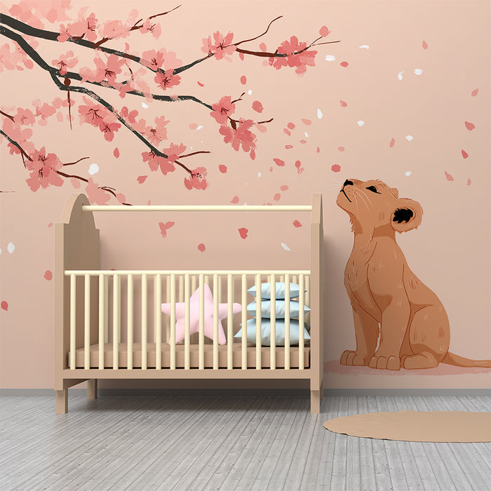Papier peint chambre enfant | Petit lion sous les cerisiers en fleurs