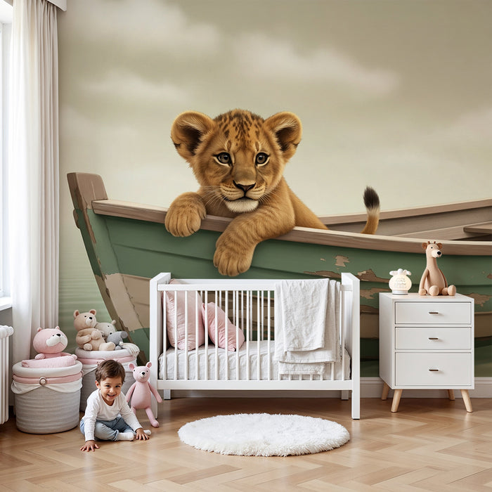 Kinderkamer behang | Kleine leeuw op een boot