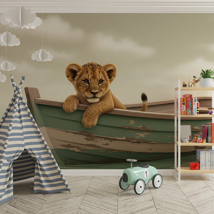 Kinderkamer behang | Kleine leeuw op een boot