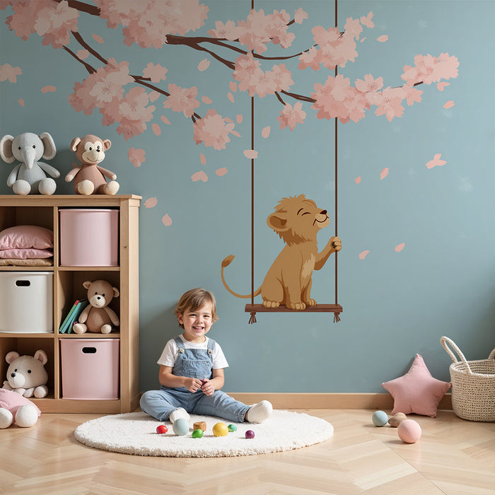 Papier peint chambre enfant | Petit lion sur une balançoire sous un cerisier en fleurs
