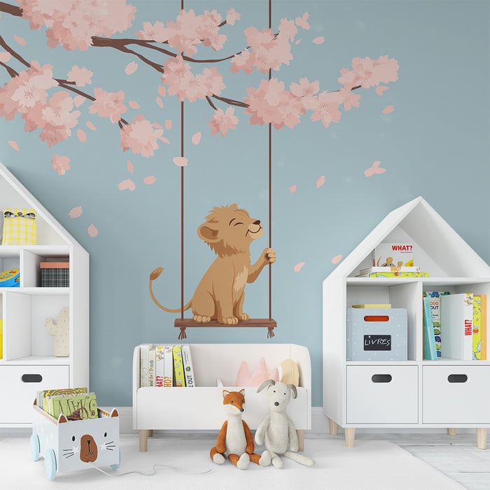 Papier peint chambre enfant | Petit lion sur une balançoire sous un cerisier en fleurs