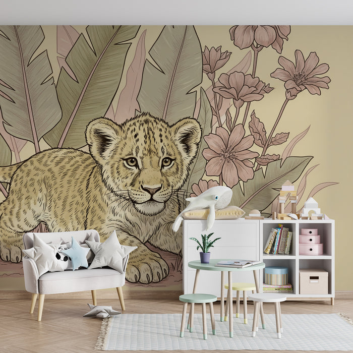 Papel pintado infantil | Pequeño león y selva floral