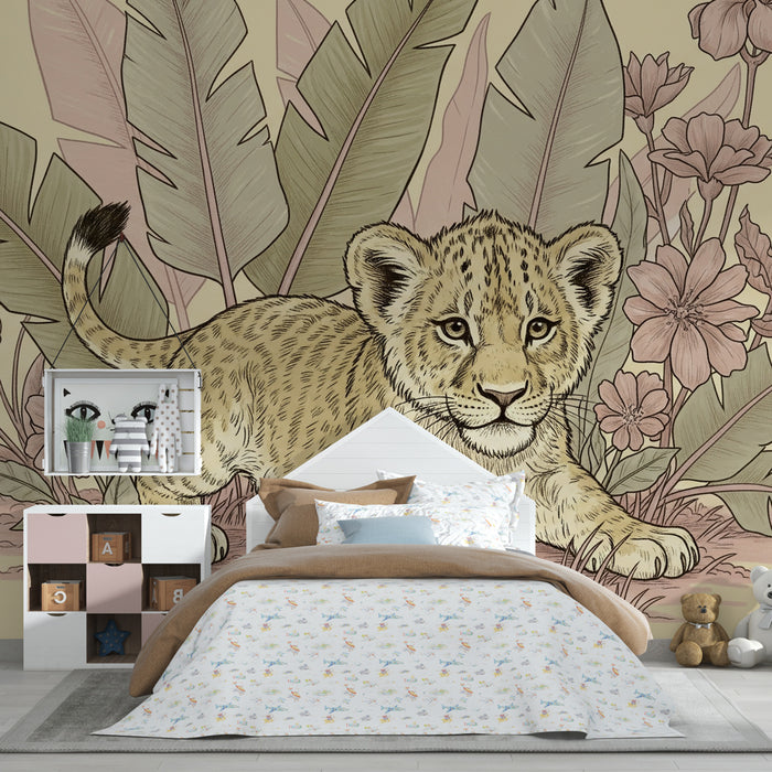 Papel pintado infantil | Pequeño león y selva floral