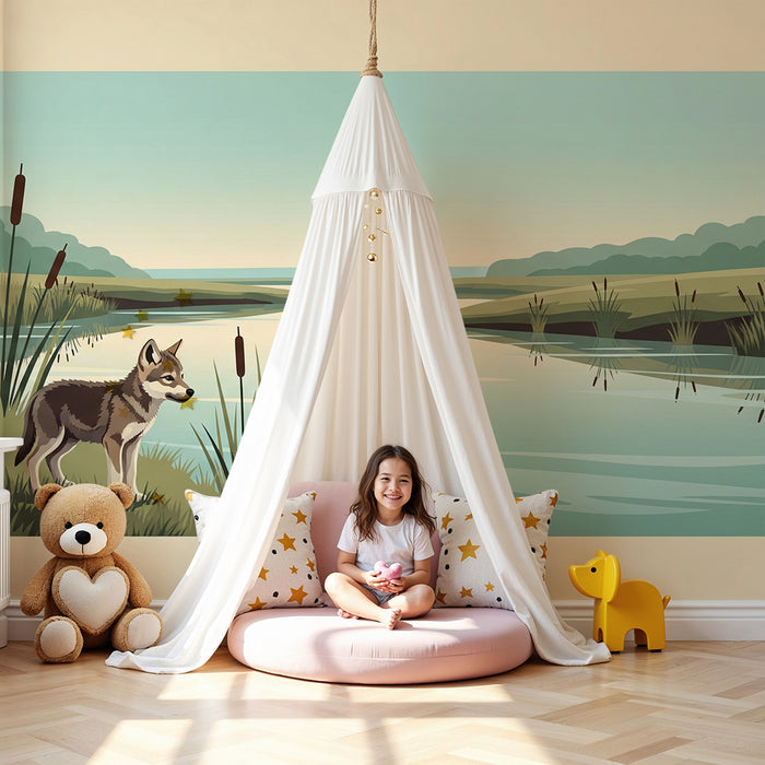 Kids' bedroom wallpaper | Little wolf by the water in a serene landscape