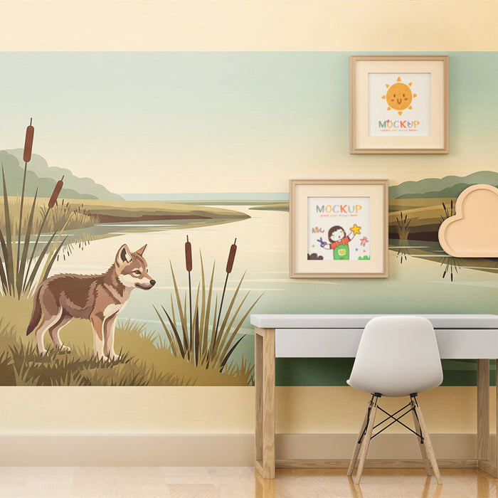 Kids' bedroom wallpaper | Little wolf by the water in a serene landscape