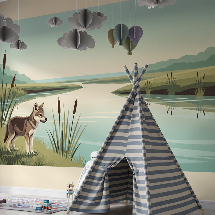 Kids' bedroom wallpaper | Little wolf by the water in a serene landscape