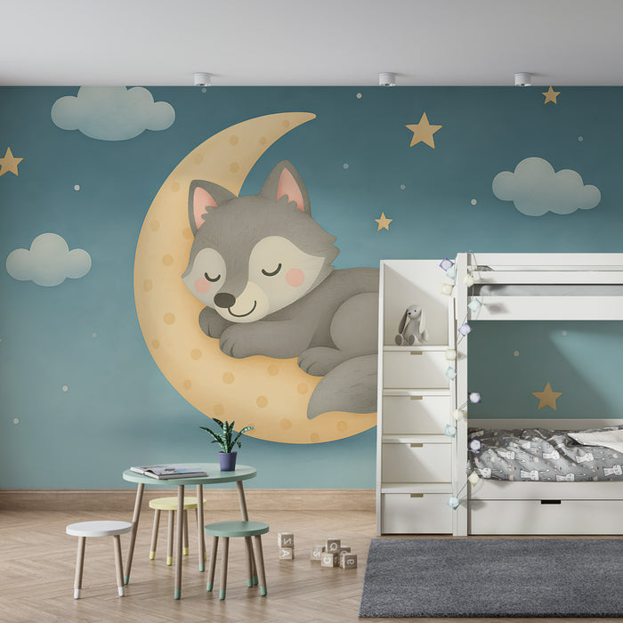 Papel de parede criança | Pequeno lobo dormindo na lua