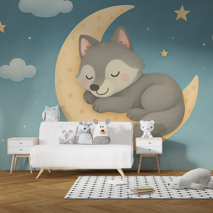 Papel de parede criança | Pequeno lobo dormindo na lua