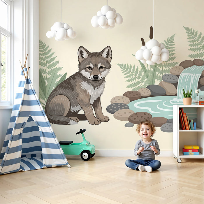 Papel pintado infantil | Lobo y cascada en un paisaje natural