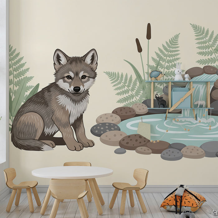 Papel pintado infantil | Lobo y cascada en un paisaje natural