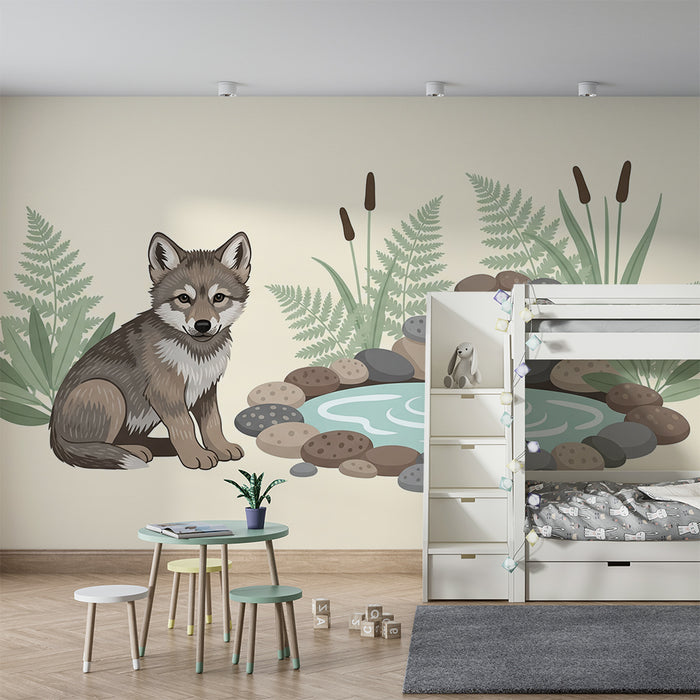 Papel pintado infantil | Lobo y cascada en un paisaje natural