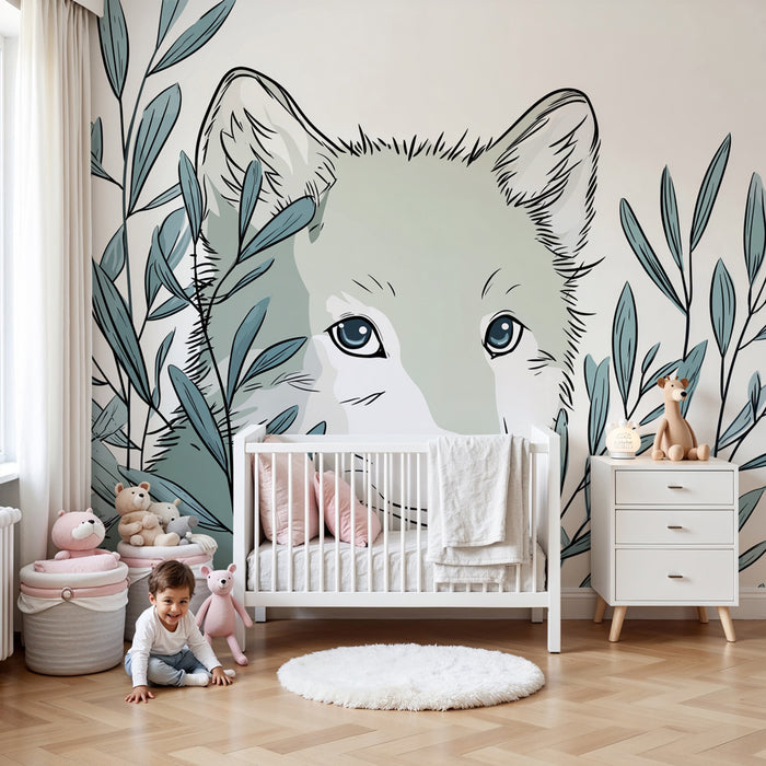 Papier peint chambre enfant | Petit loup et feuillage apaisant