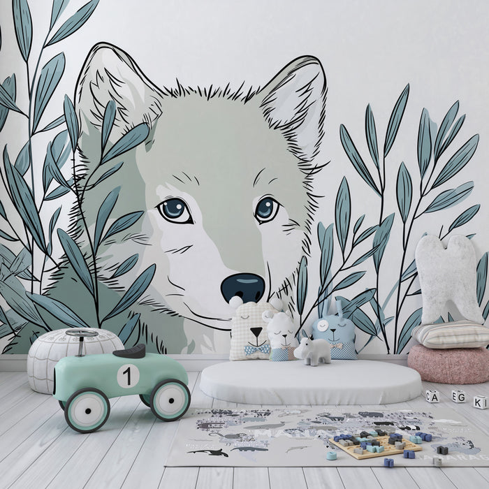 Papier peint chambre enfant | Petit loup et feuillage apaisant