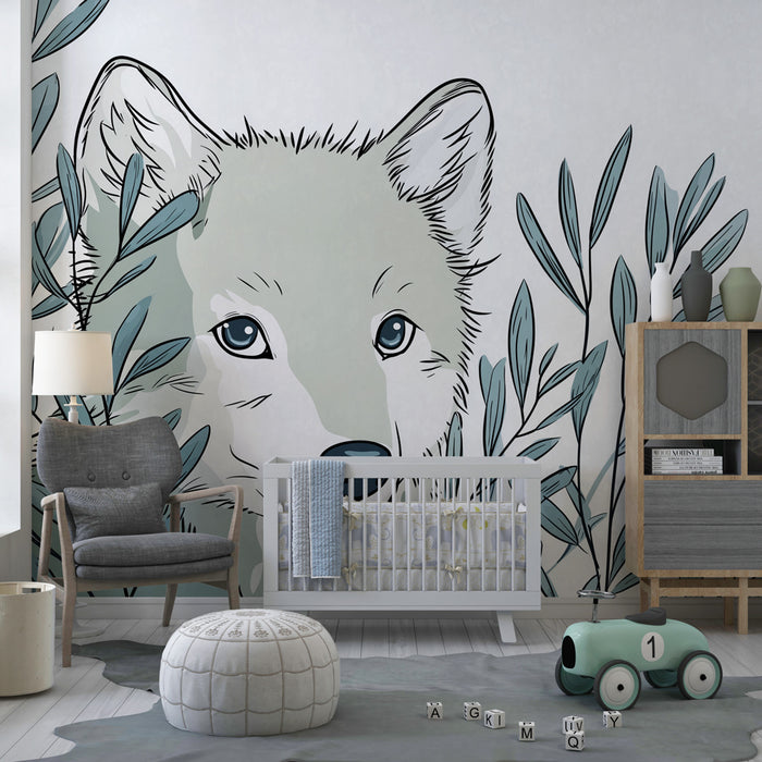 Papier peint chambre enfant | Petit loup et feuillage apaisant