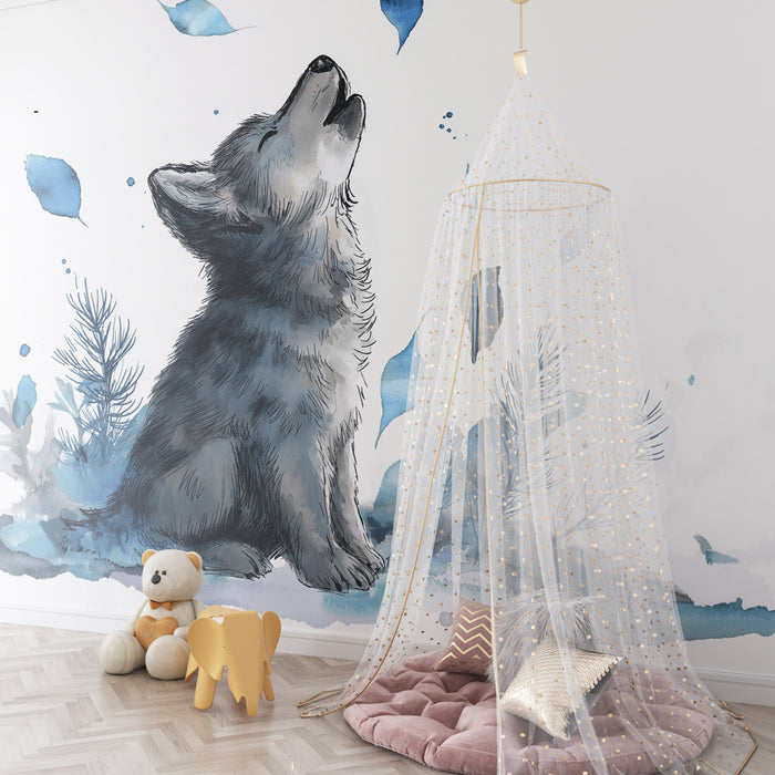 Kids room wallpaper | Little wolf under a magical sky