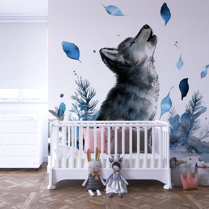 Kids room wallpaper | Little wolf under a magical sky