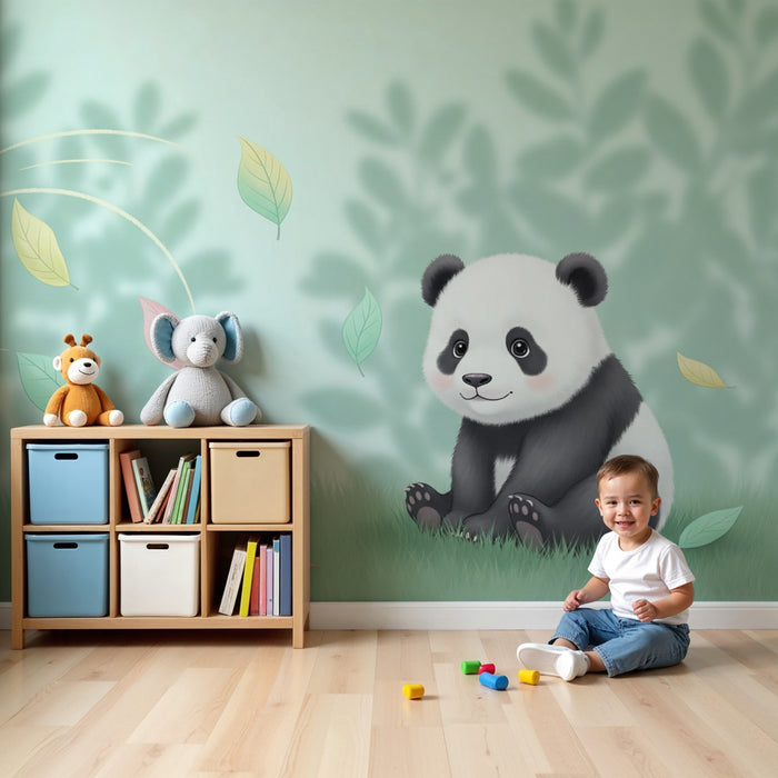 Kinderzimmer Tapete | Kleiner Panda in einer Welt voll bunter Blätter