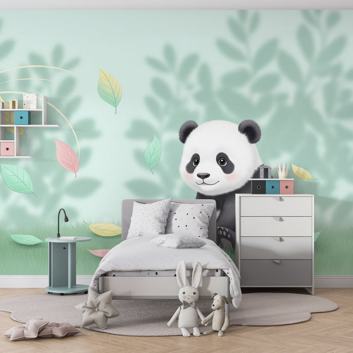 Kinderzimmer Tapete | Kleiner Panda in einer Welt voll bunter Blätter