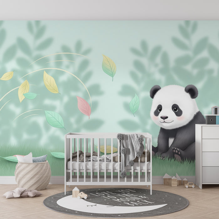 Kinderzimmer Tapete | Kleiner Panda in einer Welt voll bunter Blätter