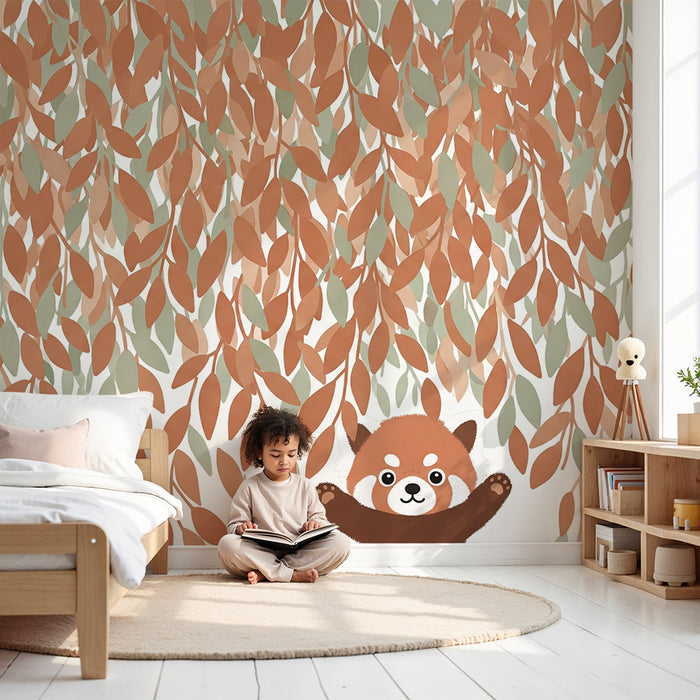 Kinderzimmer Tapete | Kleiner Panda und bunte Blätter