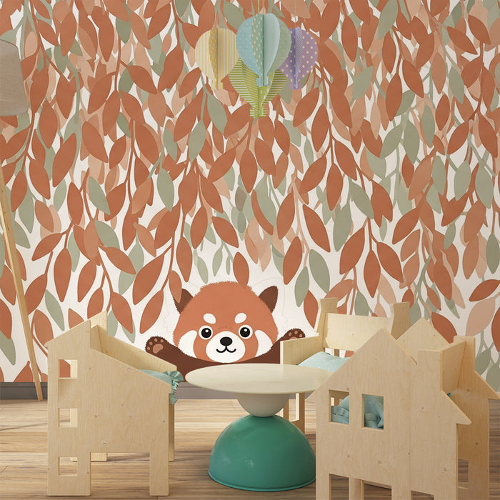 Kinderzimmer Tapete | Kleiner Panda und bunte Blätter