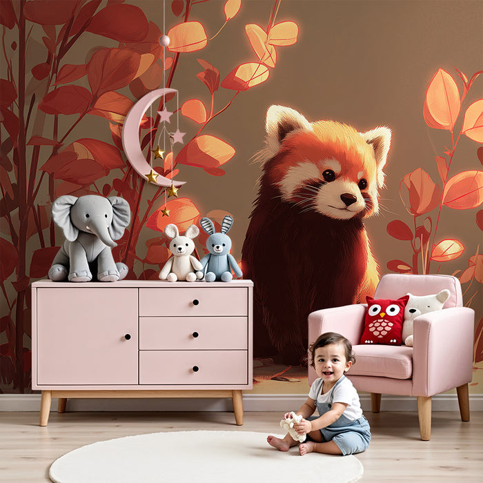 Carta da parati bambini | Piccolo panda rosso in un ambiente autunnale