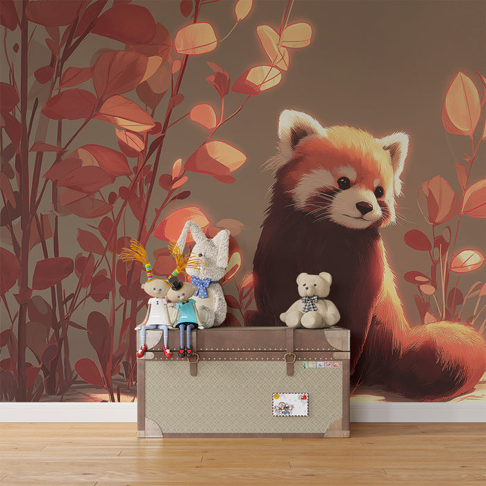 Carta da parati bambini | Piccolo panda rosso in un ambiente autunnale
