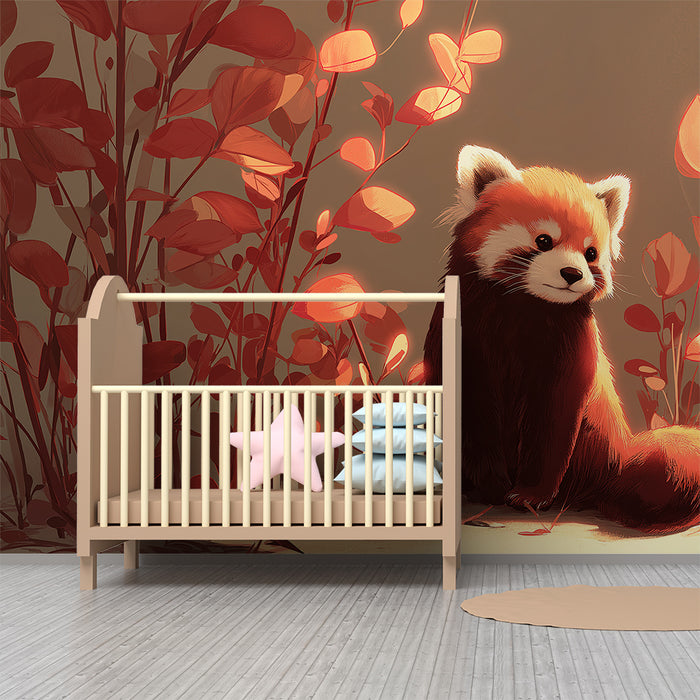 Carta da parati bambini | Piccolo panda rosso in un ambiente autunnale