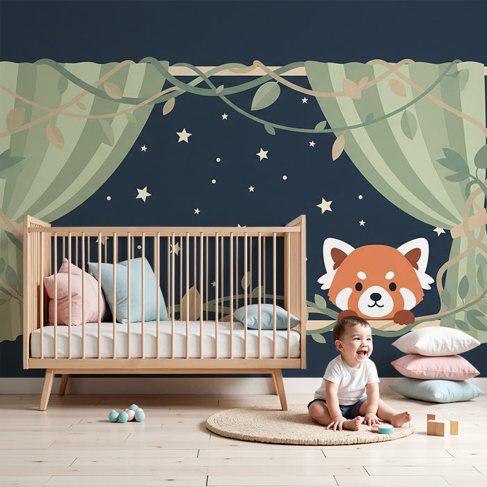 Kinderkamer behang | Kleine rode panda en sterrenhemel