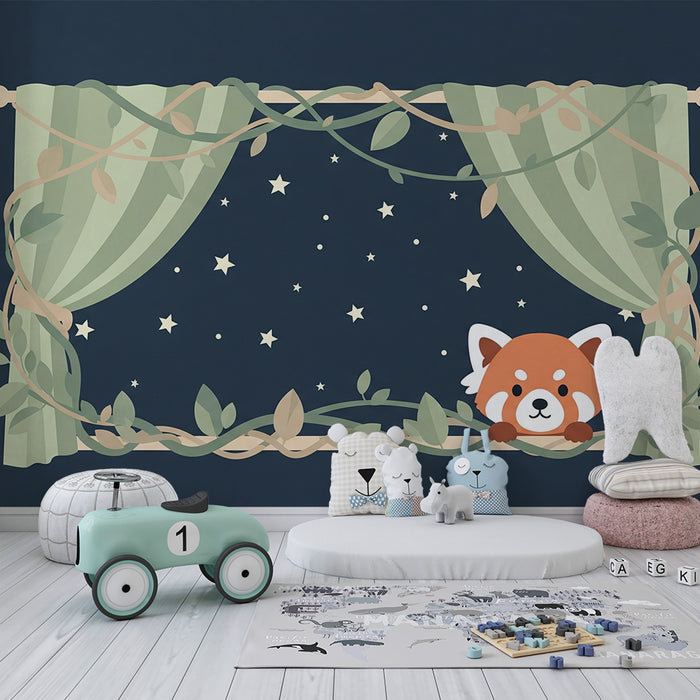 Kinderkamer behang | Kleine rode panda en sterrenhemel