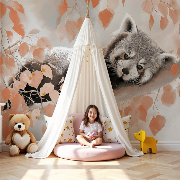 Kinderzimmer Tapete | Ruhiger kleiner roter Panda auf einem Ast