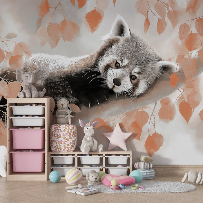 Kinderzimmer Tapete | Ruhiger kleiner roter Panda auf einem Ast