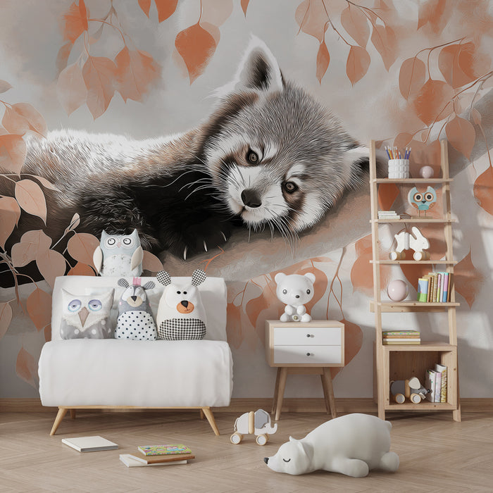 Kinderzimmer Tapete | Ruhiger kleiner roter Panda auf einem Ast