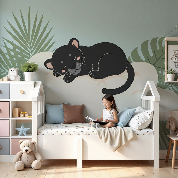 Papel pintado infantil | Pequeña pantera en una nube
