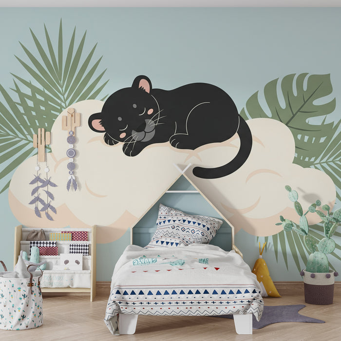 Papel pintado infantil | Pequeña pantera en una nube