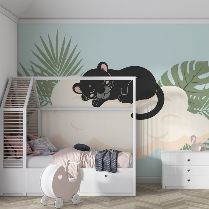 Papel pintado infantil | Pequeña pantera en una nube