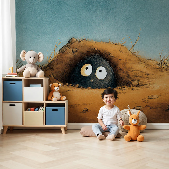 Kids room wallpaper | Little curious character emerging from a burrow