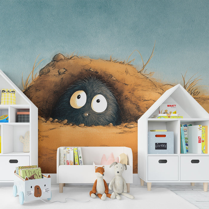 Kids room wallpaper | Little curious character emerging from a burrow