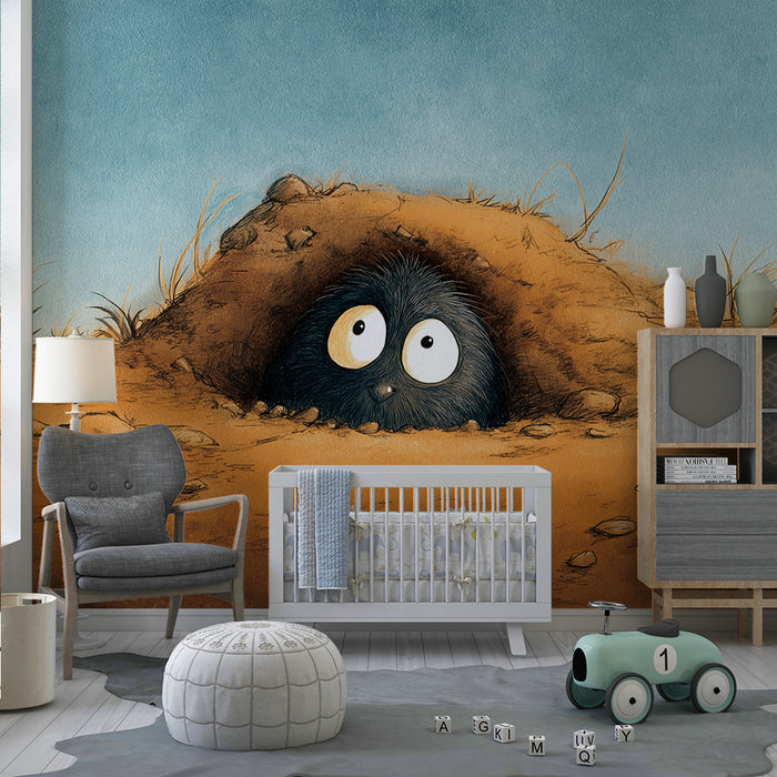 Kids room wallpaper | Little curious character emerging from a burrow