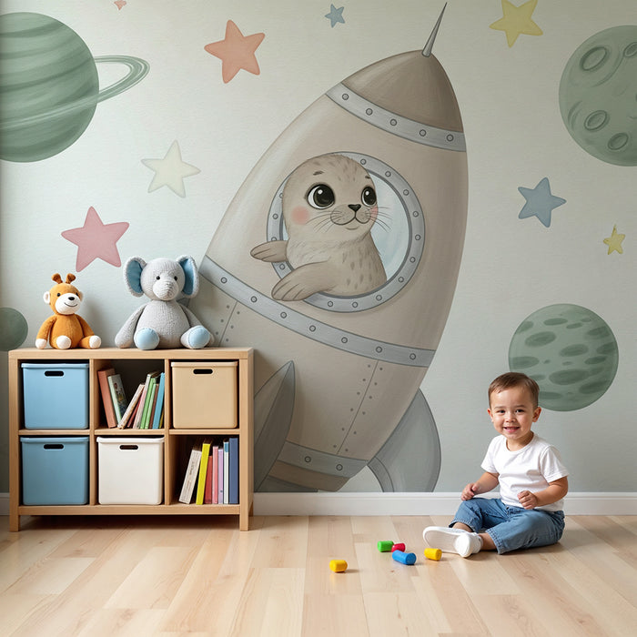 Papier peint chambre enfant | Petit phoque astronaute dans l'espace
