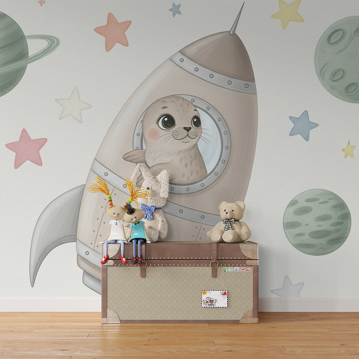 Papier peint chambre enfant | Petit phoque astronaute dans l'espace