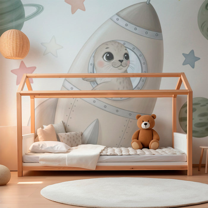 Papier peint chambre enfant | Petit phoque astronaute dans l'espace