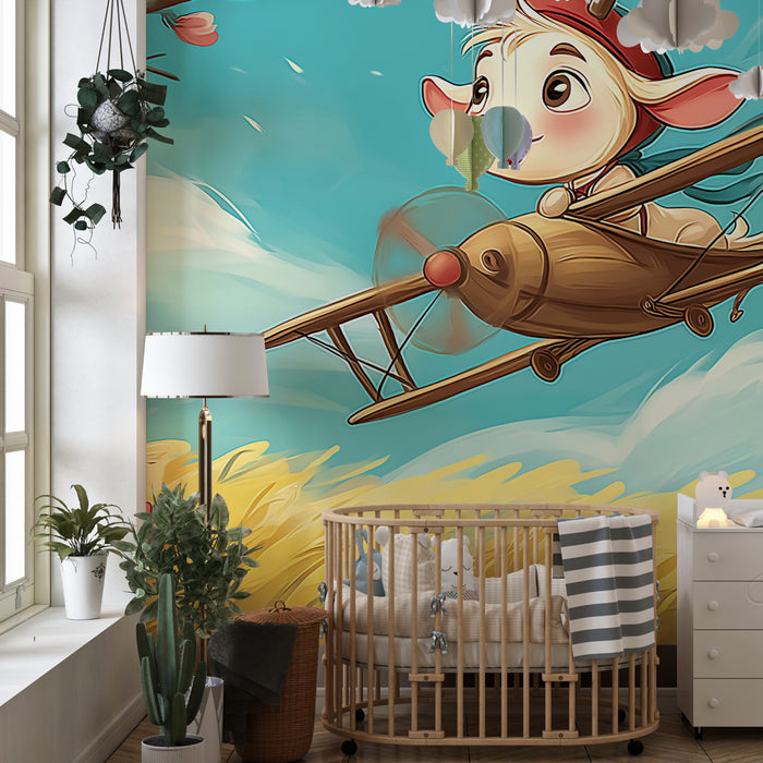Kinderkamer behang | Kleine piloot in een bloemige lucht