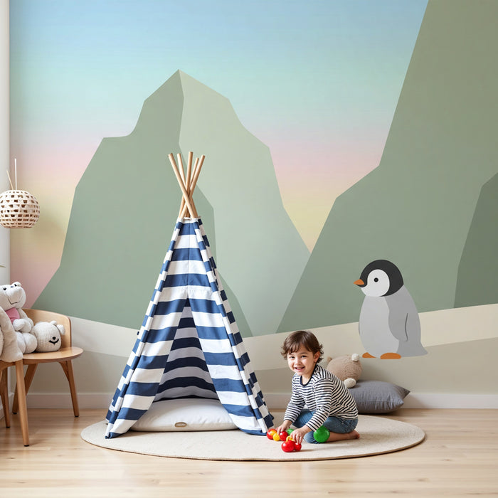 Barntapet | Liten pingvin och pastellfärgade berg