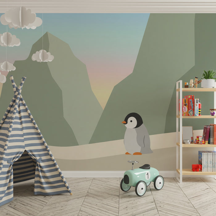 Barntapet | Liten pingvin och pastellfärgade berg