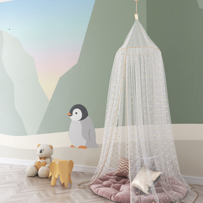 Barntapet | Liten pingvin och pastellfärgade berg